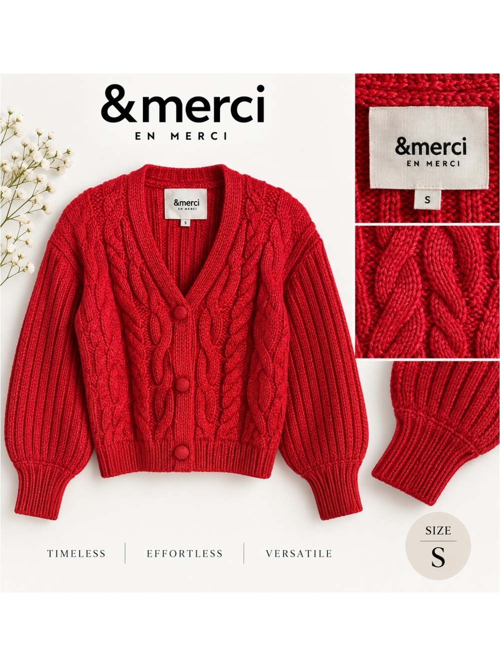 EUC &Mercy Red Cable Knit V-Neck Balloon Sleeves Sweater Cardigan, Size S